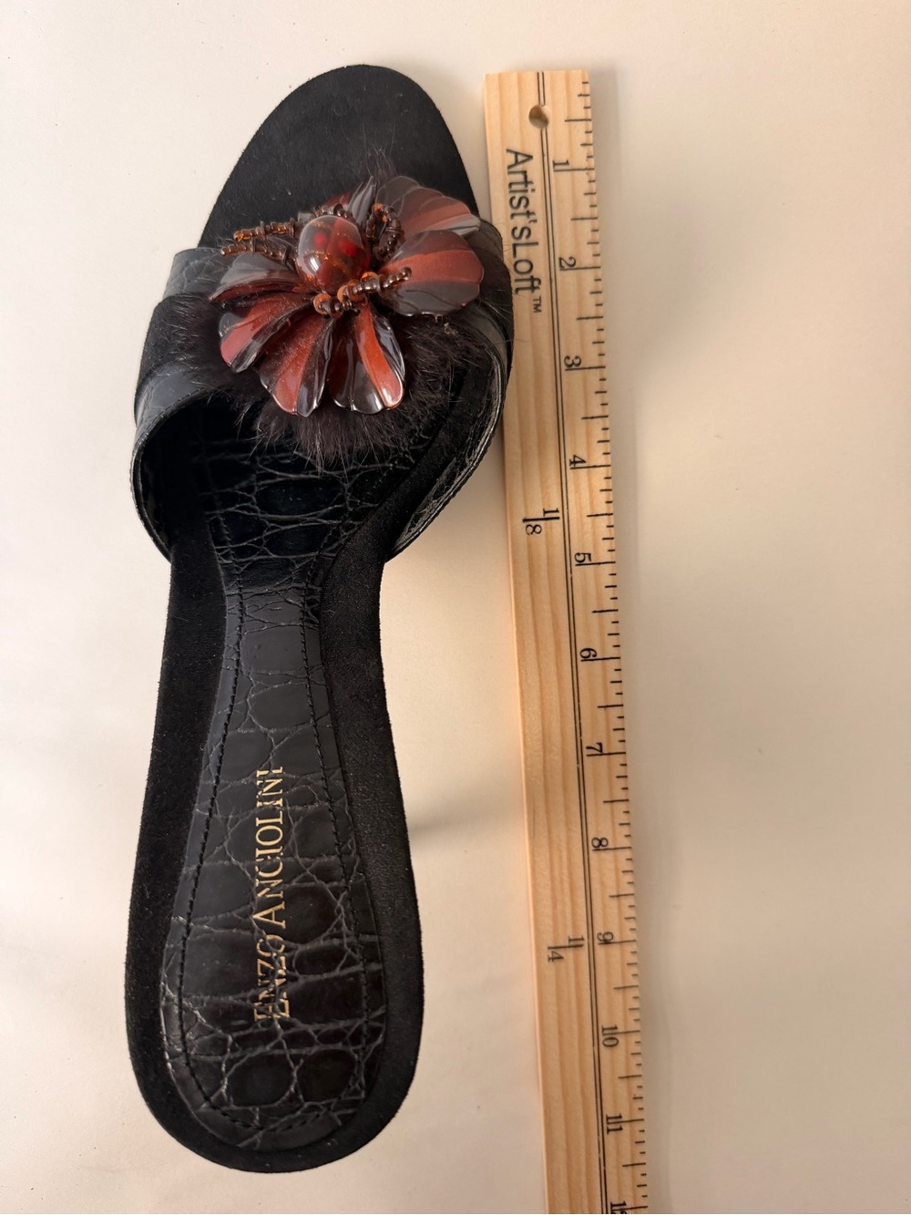 Vintage Enzo Angiolini Black Croc Embossed Mule Heels | Feather Floral Toe EUC - Picture 4 of 9